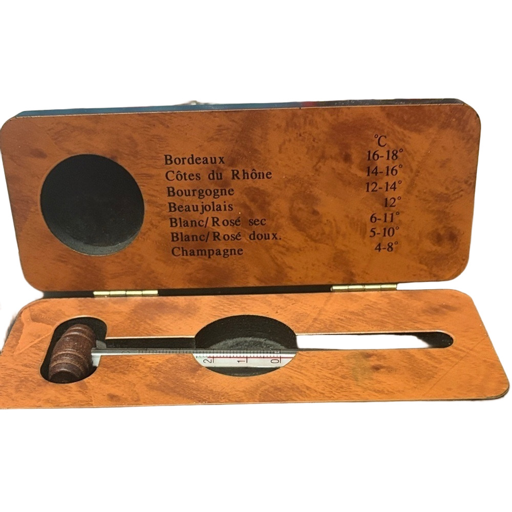 Vintage Wooden Wine Thermometer Case With Thermometer